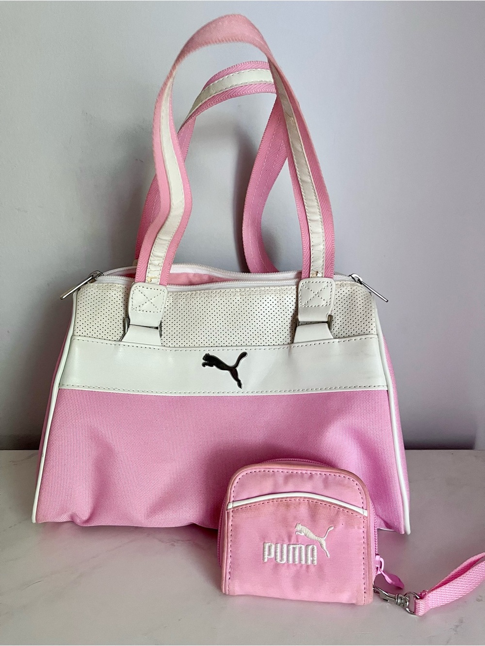 Pink and White Vintage 1990’s Puma Mini Grip Bag with pink vintage wallet